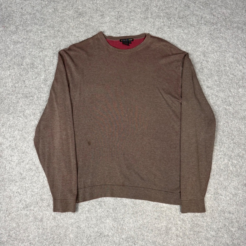 Tulliano Mens Silk Cotton Blend Crewneck Sweater Brown Large Long Sleeve Knit